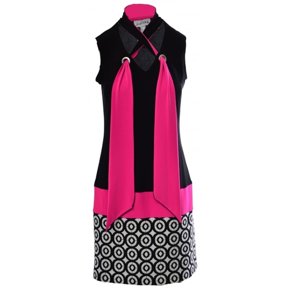 Joseph Ribkoff - Mod Circular Detail Tunic Dress (Black/Neon Pink) - Size 10 - Picture 8 of 11